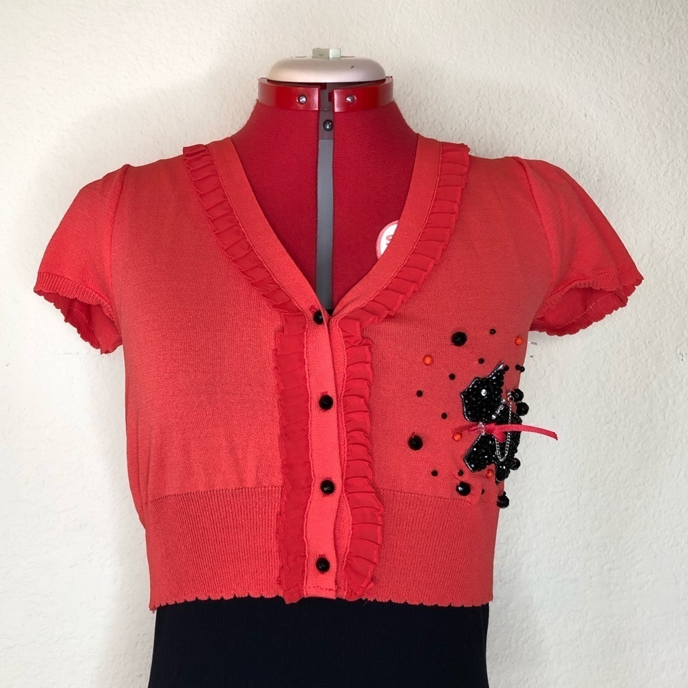 Designer ARK orange red Cardigan with crystal Scottie dog embellishment size S